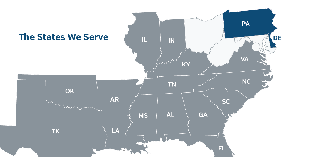 Map of Summit's footprint, highlighting Pennsylvania and Delaware as states coming soon.