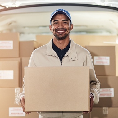 Delivery driver holds a large cardboard box.