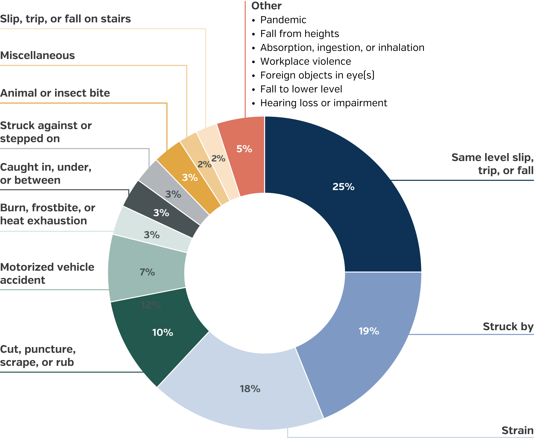 Donut chart of healthcare workers' compensation injuries. Same level slips, trips, and falls (25%) and struck by (19%) are the most common injuries, followed by strain (18%). All other injury types account for 10% or less.
