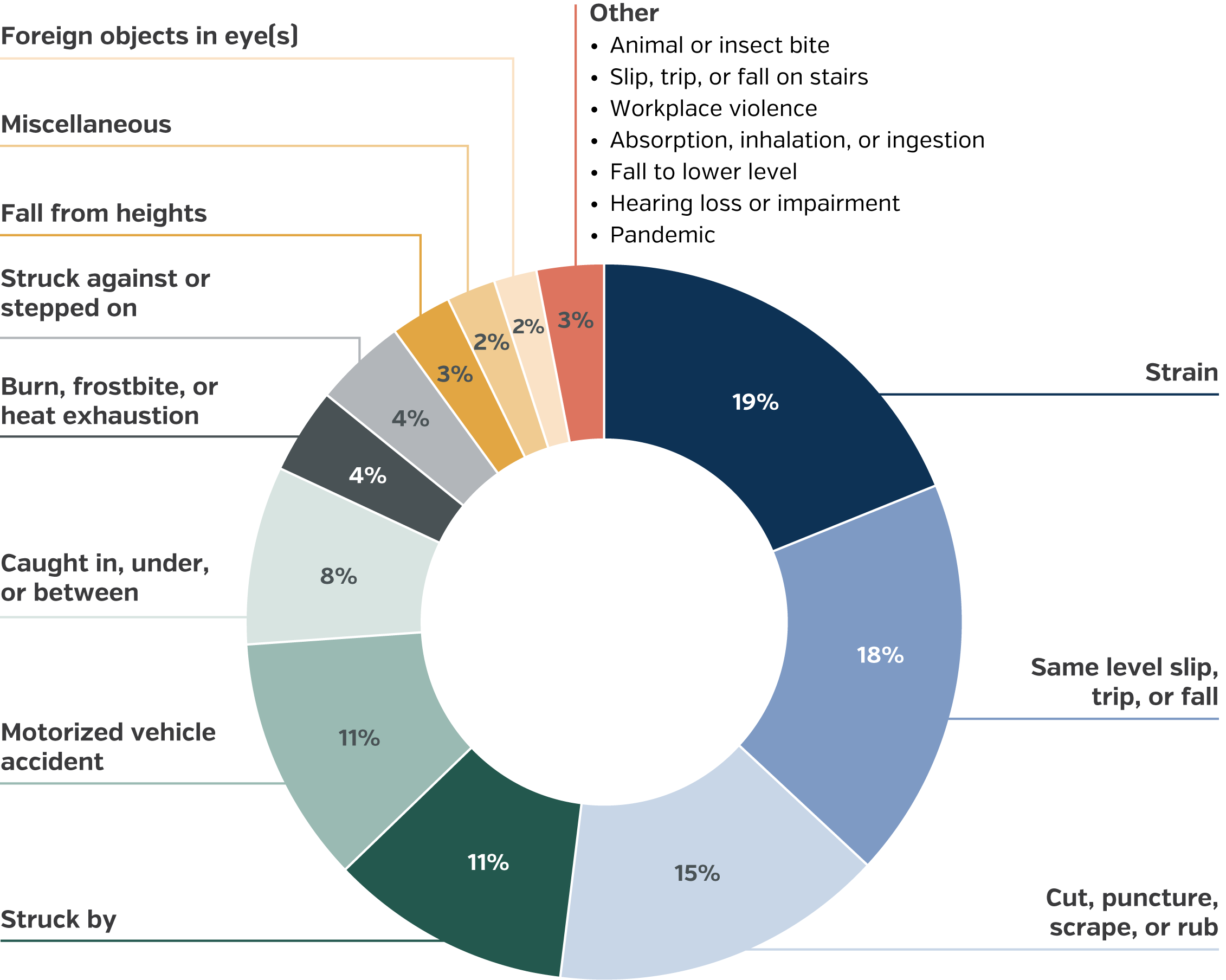 Donut chart of retail workers' injuries. Strains (19%) and same-level slips, trips, and falls (18%) are the most common injuries, followed by cut, puncture, scrape, or rub (15%). All other injury types account for 11% or less.